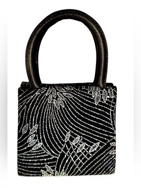 Vintage Romar International Iridescent Rhinestone Evening Bag Black Satin 80s